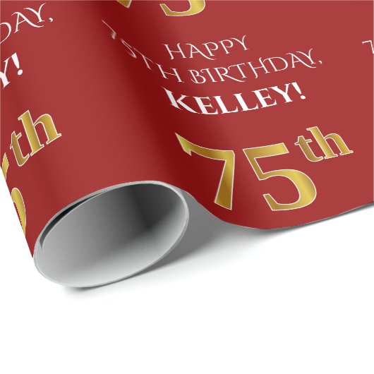 75e verjaardag: Elegant, rood, Faux Gold look Cadeaupapier (Rol Hoek)
