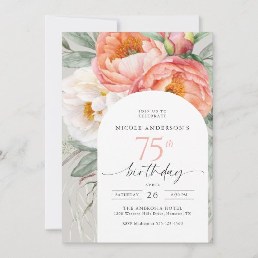 75e verjaardag Elegante Bloemen Waterverf pioenen Kaart (Voorkant)