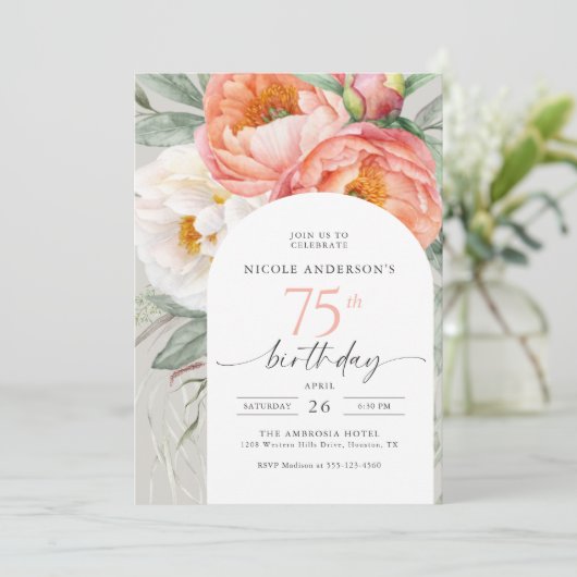 75e verjaardag Elegante Bloemen Waterverf pioenen Kaart (Staand voorkant)