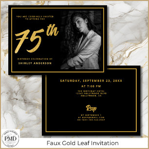 75e verjaardag Elegante foto Black Faux Gold Leaf Kaart