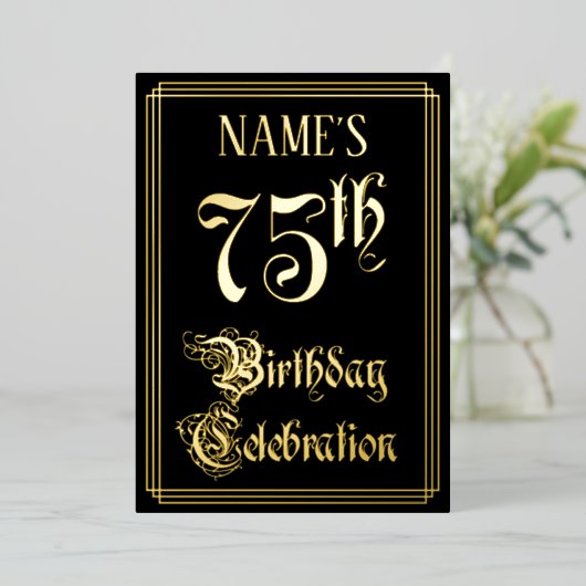75e verjaardag — Fancy script en aangepaste naam Folie Uitnodiging (Staand Voorkant)
