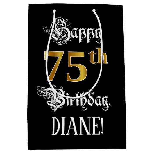 75e verjaardag ~ Fancy script; Faux Gold look; naa Medium Cadeauzakje (Voorkant)