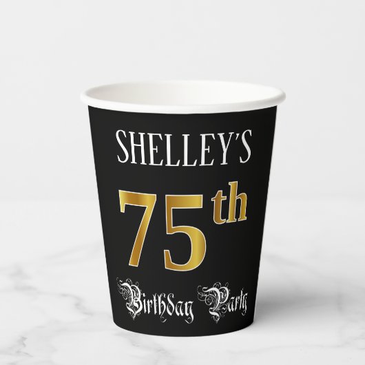 75e verjaardag — Fancy script, Faux Gold look Papieren Bekers (Achterkant)