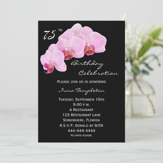 75e verjaardag feestuitnodiging orchideeën kaart (Staand voorkant)