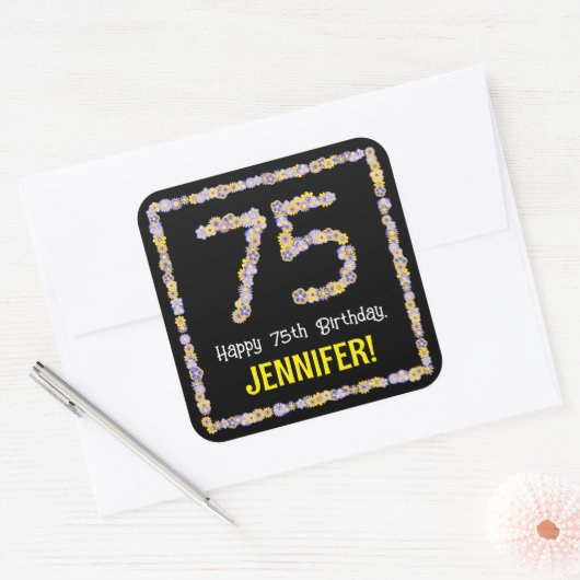 75e verjaardag: Floral Flowers Number, Custom Name Vierkante Sticker (Envelop)