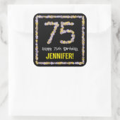 75e verjaardag: Floral Flowers Number, Custom Name Vierkante Sticker (Tas)