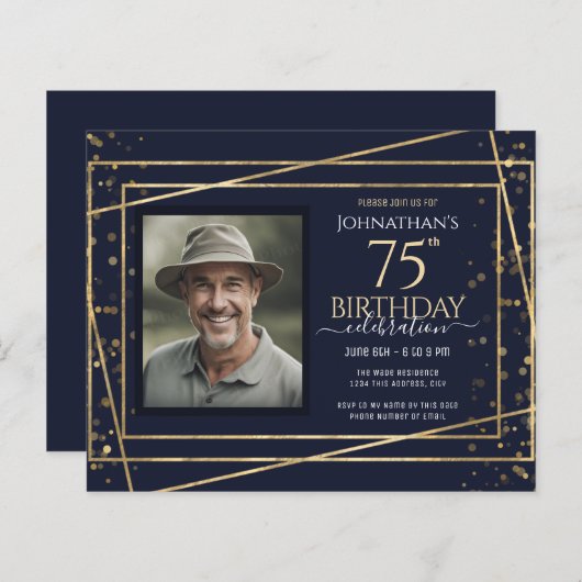 75e verjaardag foto blauw goud papier blad (Voorkant / Achterkant)