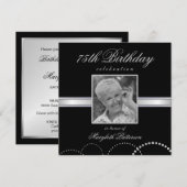 75e verjaardag Foto-uitnodigingen Silver Black Kaart (Voorkant / Achterkant)