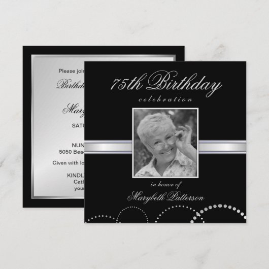 75e verjaardag Foto-uitnodigingen Silver Black Kaart (Voorkant / Achterkant)