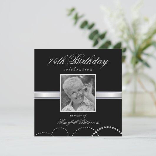 75e verjaardag Foto-uitnodigingen Silver Black Kaart (Staand voorkant)