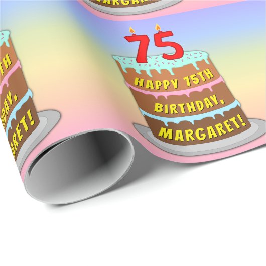 75e verjaardag: Fun Cake and Candles + Custom Name Cadeaupapier (Rol Hoek)