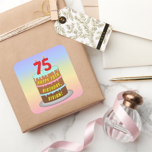 75e verjaardag: Fun Cake and Candles + Custom Name Vierkante Sticker (Geschenken)