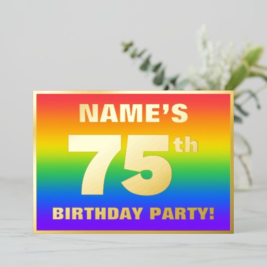 75e verjaardag: Fun, kleurrijk regenboogpatroon Folie Uitnodiging (Staand Voorkant)