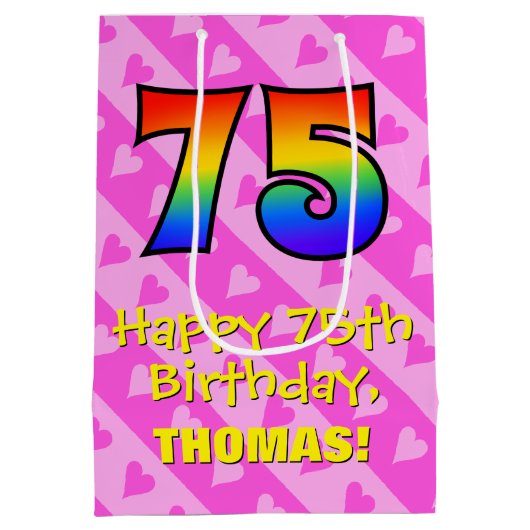 75e verjaardag: Fun Pink Hearts Stripes; Rainbow 7 Medium Cadeauzakje (Achterkant)