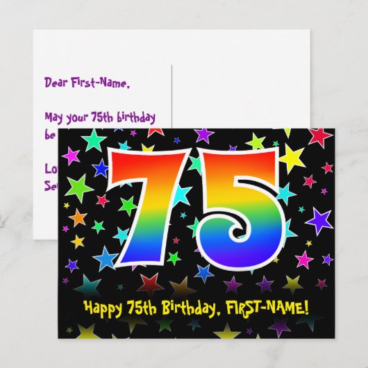 75e verjaardag: Fun Stars-patroon, Regenboog 75, N Briefkaart (Voorkant / Achterkant)
