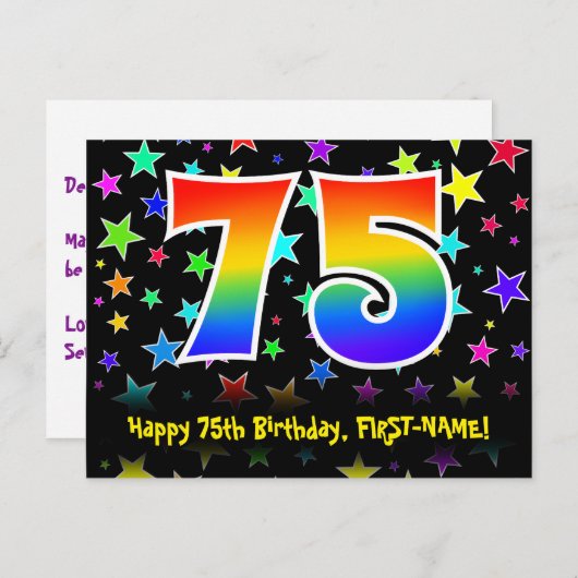 75e verjaardag: Fun Stars Pattern, Rainbow 75, Naa Briefkaart (Voorkant / Achterkant)