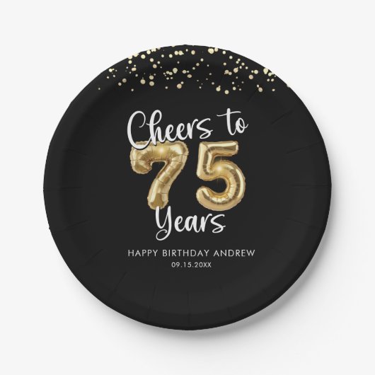 75e verjaardag gejuich voor 75 jaar zwart goud papieren bordje (Voorkant)