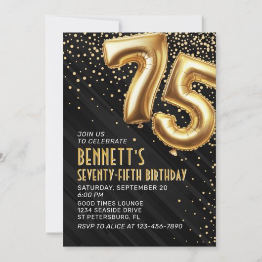 75e verjaardag Gold Black Invitation Kaart (Voorkant)