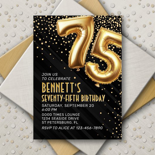 75e verjaardag Gold Black Invitation Kaart