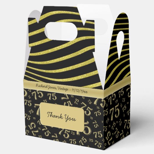 75e verjaardag goud en zwart collage patroon bedankdoosjes (Geopend)