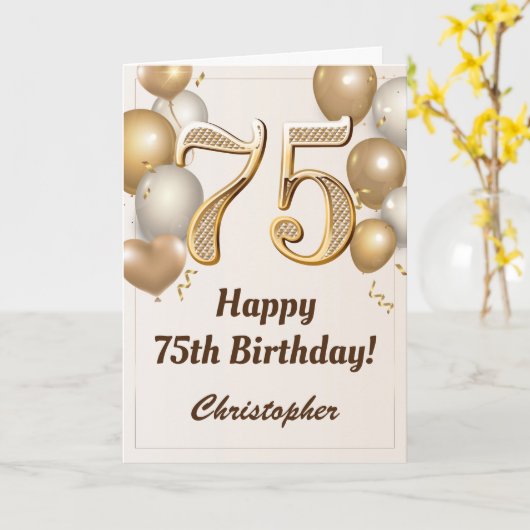 75e verjaardag goudballonnen en Confetti verjaarda Kaart (Gele Bloem)