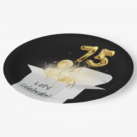 75e verjaardag goudballonnen in witte doos papieren bordje (Gekanteld)
