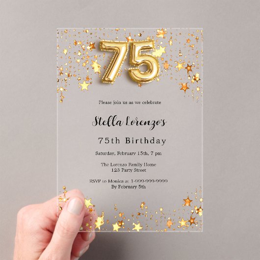 75e verjaardag gouden sterren helder acryl uitnodigingen (Insitu (Draagbaar))