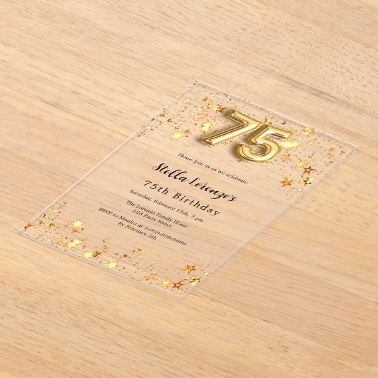 75e verjaardag gouden sterren helder acryl uitnodigingen (Laagn)