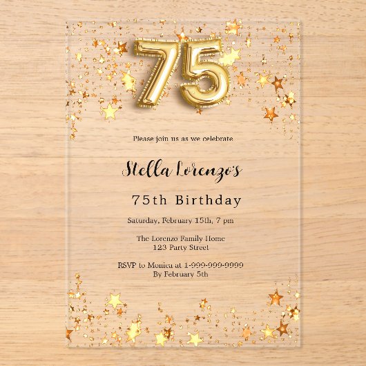75e verjaardag gouden sterren helder acryl uitnodigingen (Voorkant)
