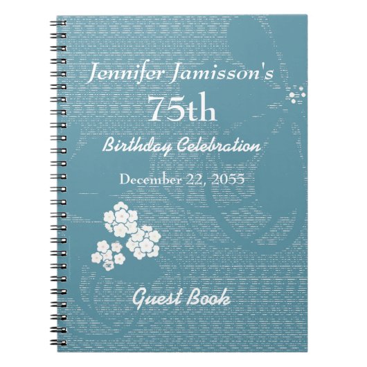 75e verjaardag Guest Book Blue, White Floral Notitieboek (Voorkant)