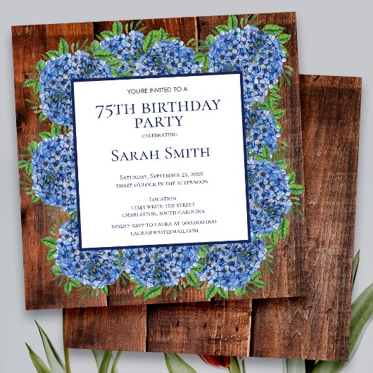 75e Verjaardag Hout Blauw Hortensia's Rustieke Fee Kaart