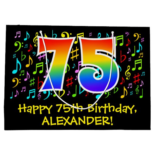 75e verjaardag - Kleurrijke muzieksymbolen, Rainbo Groot Cadeauzakje (Achterkant)