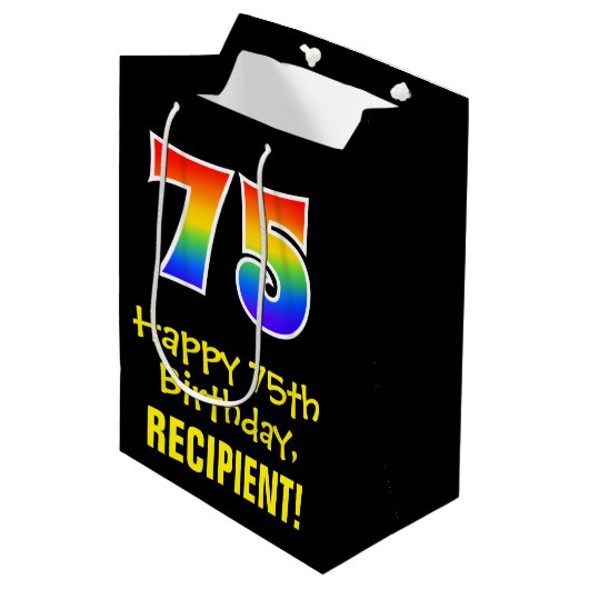 75e verjaardag: Leuk, Vet, Kleurrijk, Regenboog "7 Medium Cadeauzakje (Voorkant Gekanteld)