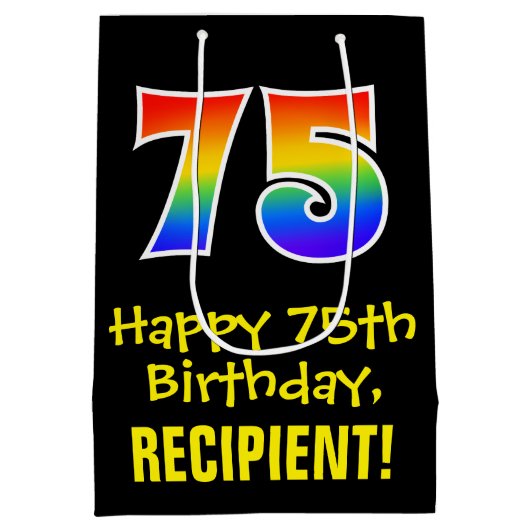 75e verjaardag: Leuk, Vet, Kleurrijk, Regenboog "7 Medium Cadeauzakje (Achterkant)