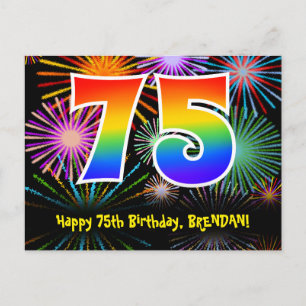 75e verjaardag - Leuk vuurwerkpatroon + Regenboog  Briefkaart