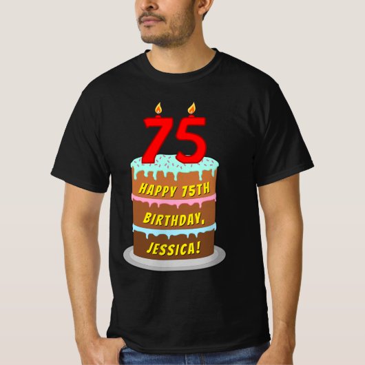 75e verjaardag — Leuke taart & kaarsen, w / aangep T-shirt (Voorkant)