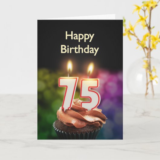 75e verjaardag met taart en kaarsen kaart (Gele Bloem)