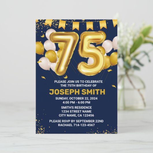 75e verjaardag Milestone Verjaardag Uitnodiging (Staand voorkant)