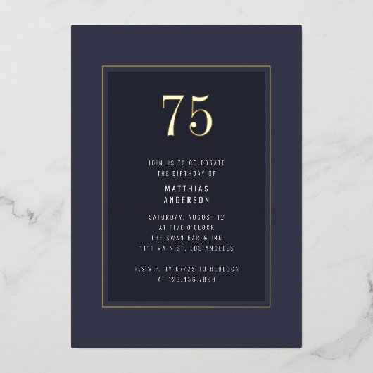 75e Verjaardag minimaal Elegant Donkergoud Lijst Folie Uitnodiging (Voorkant)