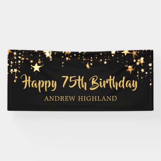 75e verjaardag Modern Black Gold Stars gepersonali Spandoek (Horizontaal)