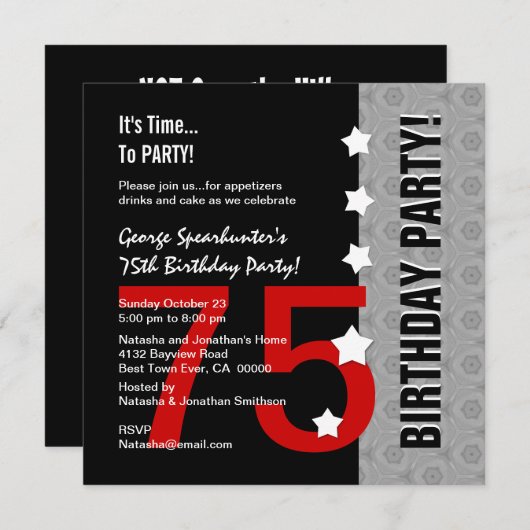 75e verjaardag Modern Red Silver Black Funny D845E Kaart (Voorkant / Achterkant)