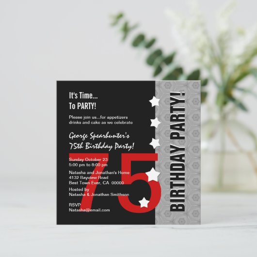 75e verjaardag Modern Red Silver Black Funny D845E Kaart (Staand voorkant)