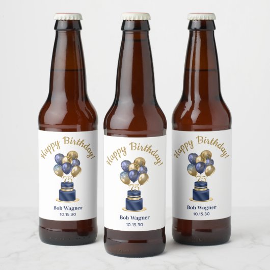 75e verjaardag Navy blauwe ballon cake Bier Etiket (Flessen)