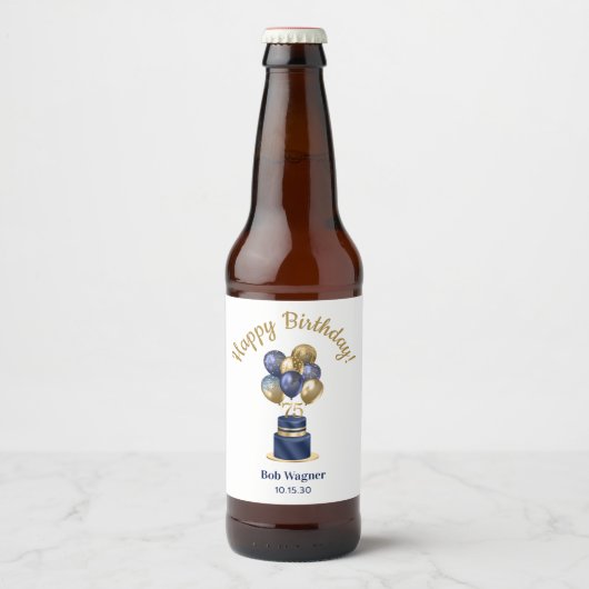 75e verjaardag Navy blauwe ballon cake Bier Etiket (Voorkant)
