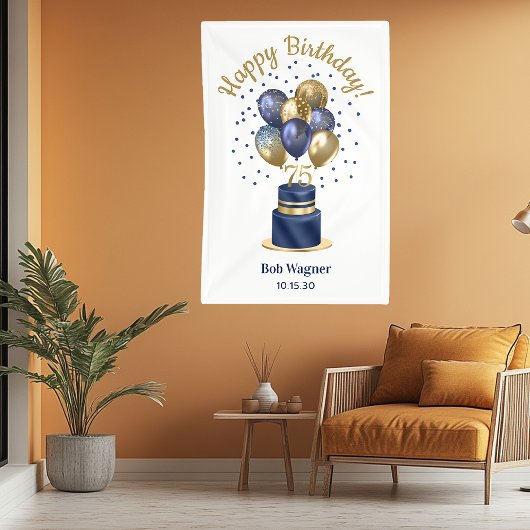 75e verjaardag Navy blauwe ballon cake Spandoek