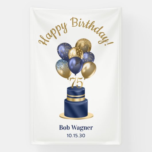 75e verjaardag Navy blauwe ballon cake Spandoek (Verticaal)