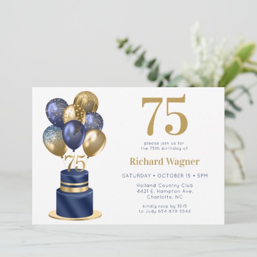 75e verjaardag Navy Blue Balloon Cake Kaart (Staand voorkant)