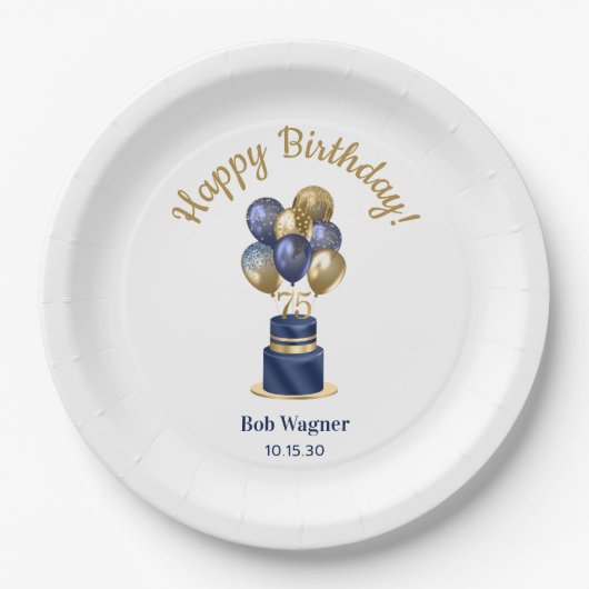 75e verjaardag Navy Blue Balloon Cake Papieren Bordje (Voorkant)