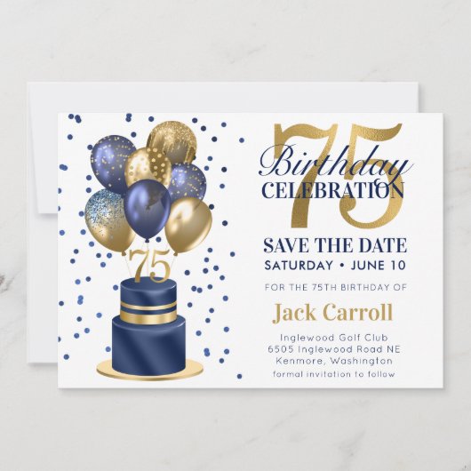 75e verjaardag Navy Blue Balloon Cake Save The Date (Voorkant)