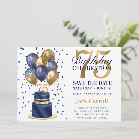 75e verjaardag Navy Blue Balloon Cake Save The Date (Staand voorkant)